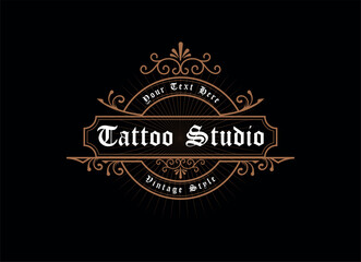 Vintage frame logo. Antique label. Suitable for tattoo studio, barber shop, whiskey label, wine, beer, brewing, salon, shop, signage.