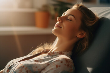 A person engaging in a relaxation technique, such as progressive muscle relaxation, mental health Generative AI - obrazy, fototapety, plakaty