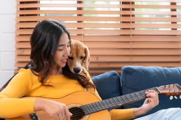 On a weekend, A young Asian woman and her beagle puppy are playing the guitar and singing cheerfully together in the living room of a house.