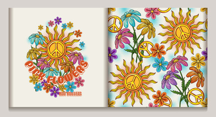 Label, pattern with sun, peace sign, chamomile flower and halftone shapes. Groovy, hippie style. Anti war, peaceful concept, summer illustration. Good for apparel, fabric, textile