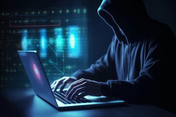 cybersecurity concept identity theft, Database hacks, internet cyber crime. Hacker in hoodie dark theme Hacking and stealing data. damage the system and hack the, Generative AI