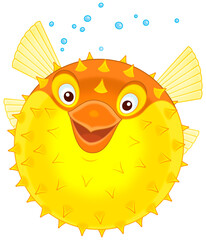 Funny exotic prickly balloonfish of a tropical coral reef, cartoon illustration isolated on a white background © Alexey Bannykh