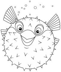 Funny exotic prickly balloonfish of a tropical coral reef, black and white outline cartoon illustration for a coloring book © Alexey Bannykh