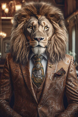 A lion wearing a formal suit and tie, posing for the camera.