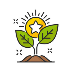 Money plant icon, vector loyalty bonus or benefits growth, prize or reward of customer discount program. Color line growing plant with gold coin, star and green leaves, customer loyalty incentive