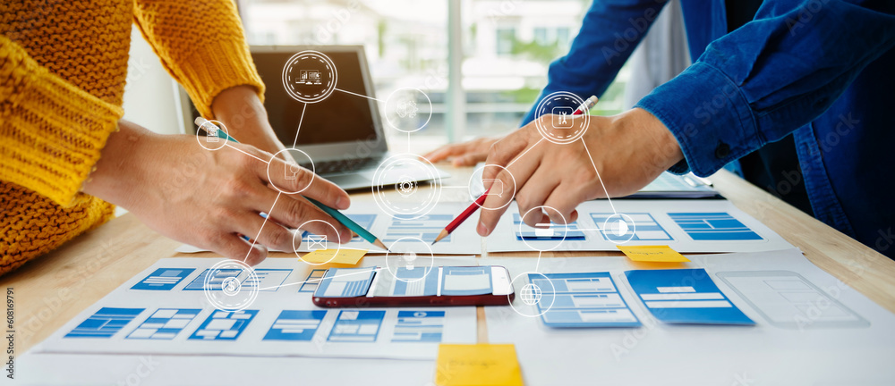 Wall mural ￼.ux graphic designer planning application process development prototype wireframe for web smart pho