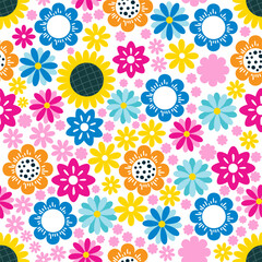 Fototapeta premium Summer seamless bright pattern with multicolored flowers. Summer vector illustration. Cartoon style. Flat design