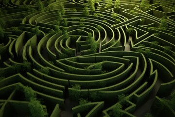 Naklejka premium Abstract green maze with winding paths, Generative ai
