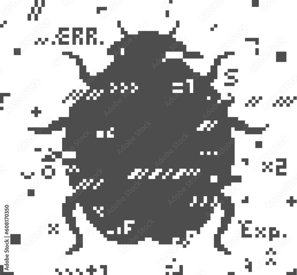 Aufkleber Glitch bug. Software malware, program hack or virus attack vector concept with pixel bug or insect symbol. Cyber security, hacking threat and code fail, Internet data protection background