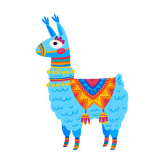 Cute alpaca llama with mexican design carpet, hoofed guanaco. Vector blue alpaca or lama, cartoon character of guanaco wild llama, mountain sheep © Vector Tradition