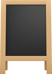Fototapeta na wymiar Wood board 3d vector mockup, isolated chalkboard featuring blank blackboard display in wooden frame for showcasing menu items or promotional content for coffee shops or street cafes