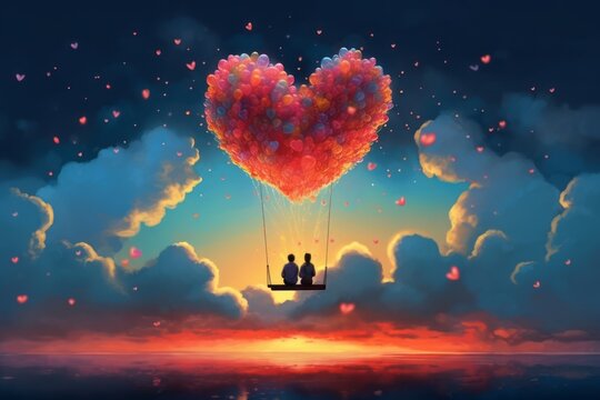 A surreal illustration of a couple sitting on a cloud, with their hearts connected by a string of colorful balloons, vivid sunset sky, representing the joy and happiness found in love. Generative AI
