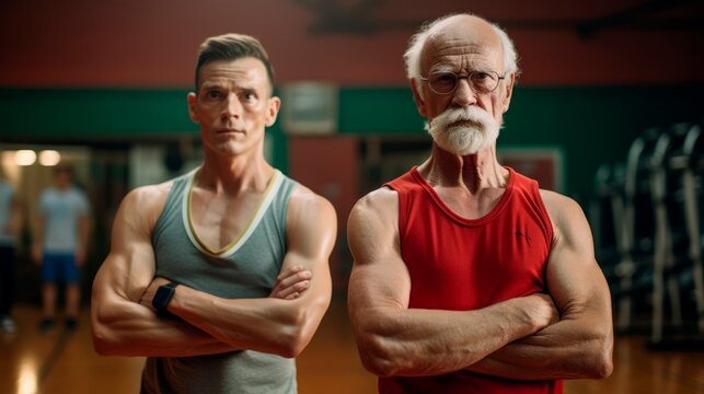 Elderly bodybuilder with his son in a gym, bearded, healthy, motivated generative ia