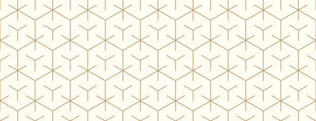 Seamless pattern with gold hexagon grid line on beige background for print, vector illustration.