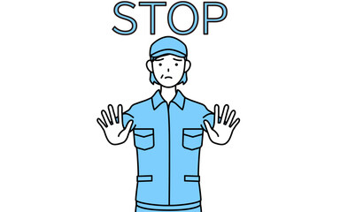 ストップの合図、体の前に手を突き出す帽子と作業着姿のシニア女性（経営者、管理職、上司）