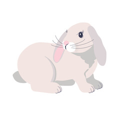 White fluffy rabbit with drooping ears. Cute Bunny for an Easter card. Design for the mid-autumn holiday. Isolated on a white background.