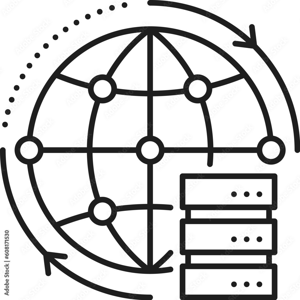 Leinwandbilder Servers everywhere, CDN. Content delivery network icon with thin line proxy servers and global internet globe. Vector web technologies, content distribution network of documents, media files, software