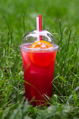 Red aperol spritz  summer sweet drink on green lawn.