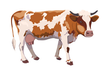A white cow with brown spots is isolated on a white background. Livestock to illustrate life on an eco farm. Logo for the production of dairy products.