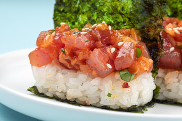 Portion of japanese hand rolls with spicy tuna fish
