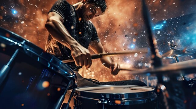 A fictional person.  Passionate Drummer in Action