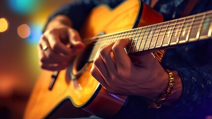 Obraz premium A fictional person. Skilled guitarist's hands strumming guitar at live performance