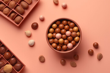 Fototapeta premium Pieces of chocolate on solid background, Generative AI, cinematic shot for chocolate day