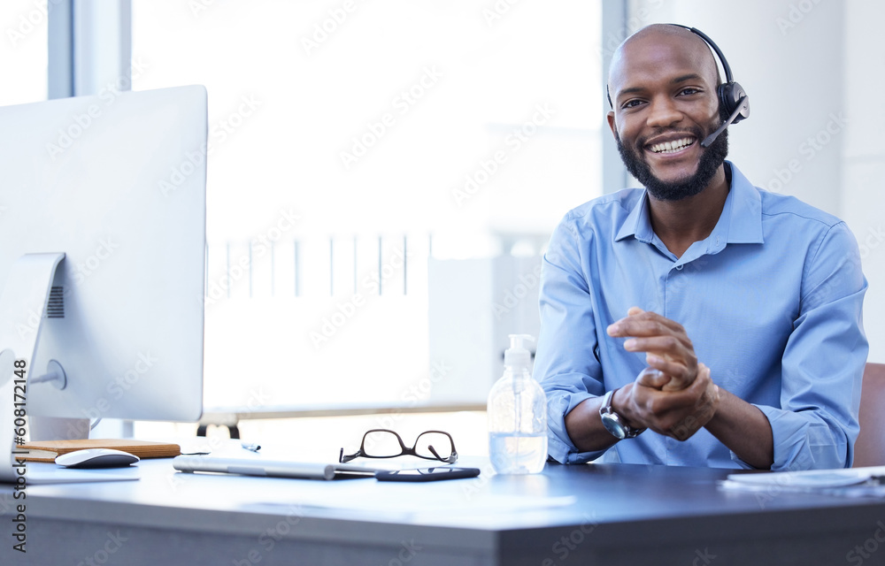 Poster black man, call center portrait and phone consultation with web support and mockup in office. comput