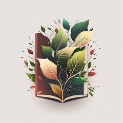 3D cartoon colorful book logo. Read books together banner. Realistic style logotype with book and leaves, plants, herbs. Education concept. isolated on white background. Ai generate