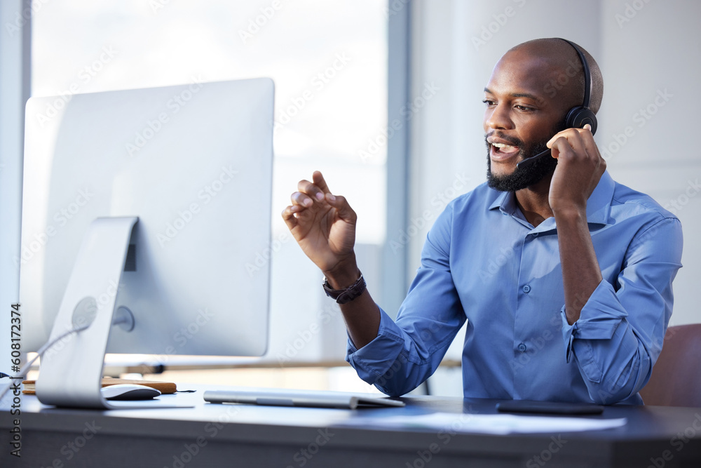 Poster black man, call center and phone consultation with web support and customer service in office. compu