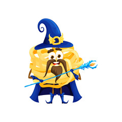 Cartoon Halloween italian pasta wizard character. Isolated vector tagliatelle personage looks enchanting and mysterious. Witch macaroni wearing blue festive costume while wielding a magical staff