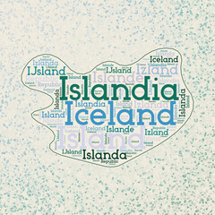 Iceland shape with country names word cloud in multiple languages. Iceland border map on cool triangles scattered around. Powerful vector illustration.