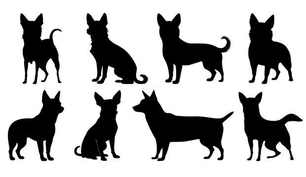 Chihuahua small dog black silhouettes set. Icons pet in various poses. Vector illustration isolated on white background