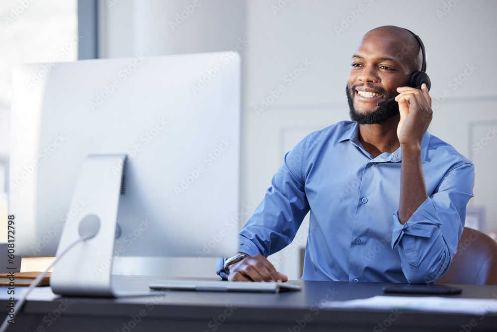 Aufkleber black man, call center talk and phone consultation with web support and customer service in office. 
