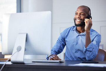 Black man, call center talk and phone consultation with web support and customer service in office....