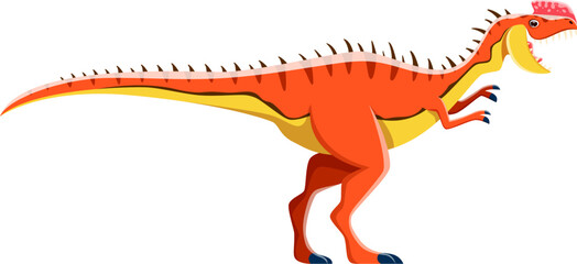 Cartoon Monolophosaurus dinosaur character of Jurassic dino, vector funny reptile. Kid comic toy dinosaur, Monolophosaurus dino monster for prehistoric Jurassic animal or paleontology education game