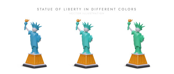 American Statue of Liberty in different colors. Set of 3D icons with shadows on white background. Symbol of US independence. Vector realistic illustration for attractive design © ArtHub02