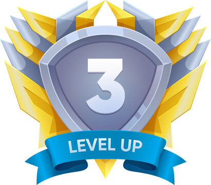 Game level up badge and win icon, shield banner of completed level, vector UI sign. 3 level up icon with silver shield on wings and blue ribbon for gamer mission completed next level achievement