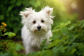 portrait of a small white dog outside created with generative AI technology