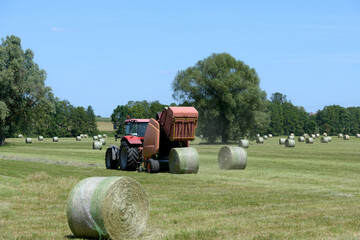 tracteur agricole ramassant le foin en le mettant en balle ronde - 608173366