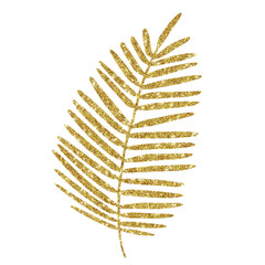 Golden sparkling dry palm branch. Hand-drawn shiny, sparkling leaf of an abstract plant, a dried leaf of a palm tree