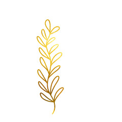 Hand-drawn golden branch with leaves, shiny, sparkling leaf of an abstract plant