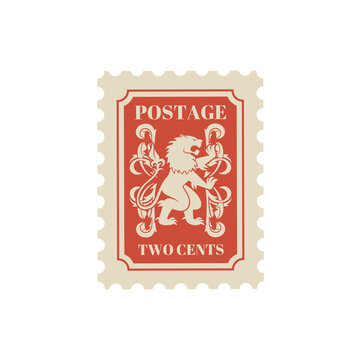 Antique postcard, retro postage stamp and vintage mail with heraldry lion. Historic postal stamp, philately antique postmark, letter or correspondence vector sticker. Old postmark with heraldic animal