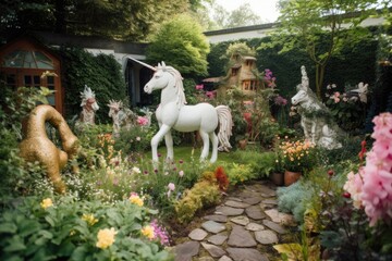 magical garden with beautiful flowers and magical creatures, including fairies and unicorns, created with generative ai