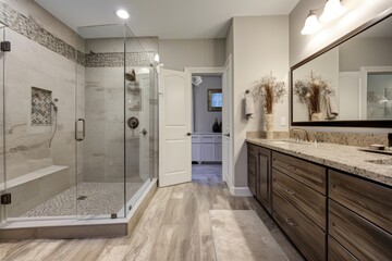 a stylish bathroom remodel with new fixtures, flooring and shower, created with generative ai - obrazy, fototapety, plakaty