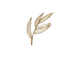 Hand-drawn golden branch with leaves, shiny, sparkling leaf of an abstract plant