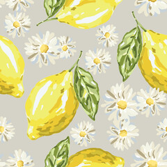 Lemon fruits, green leaves, daisy flowers, gray background. Vector illustration. Seamless pattern. Summer design. Italian сuisine