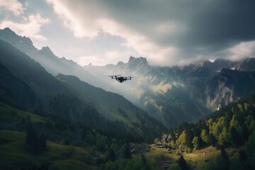 drone flying over majestic mountain range with dramatic clouds in the background, created with generative ai