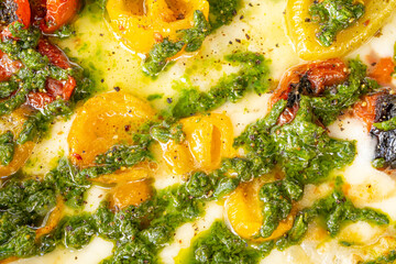 Pizza Filling Texture Background, Pepperoni Pizza with Different Tomatoes Closeup, Traditional Italian Flatbread