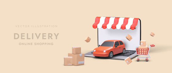3d laptop, car with cart and boxes. Web page for online shopping company. Order and delivery services via gadgets. Digital services concept. Cartoon realistic vector in red colors